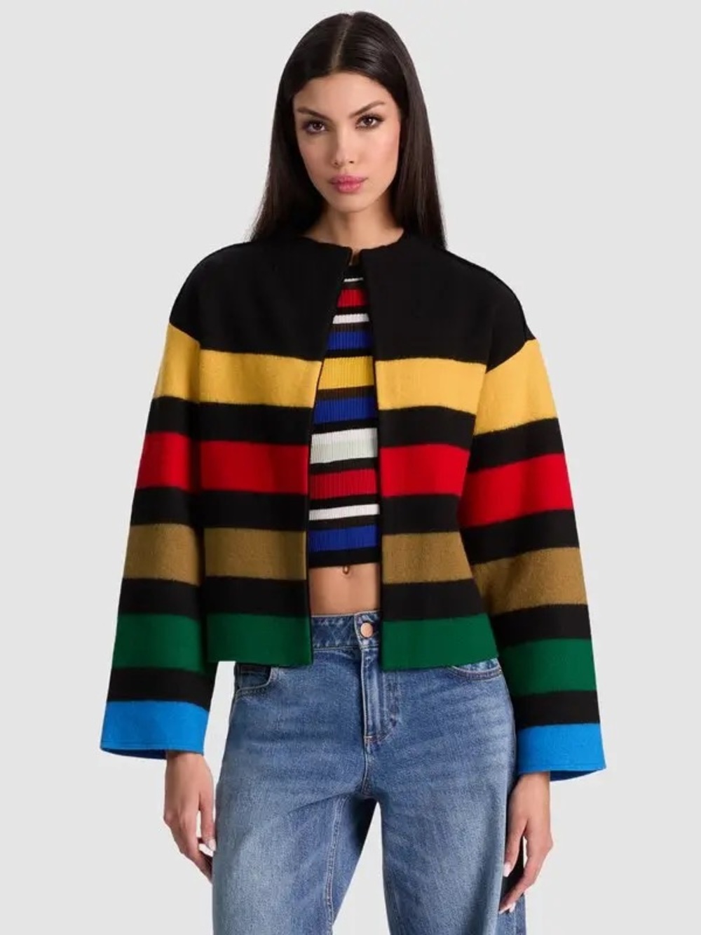 NWT ALICE + OLIVIA Pearson Collared Striped Sweater Jacket